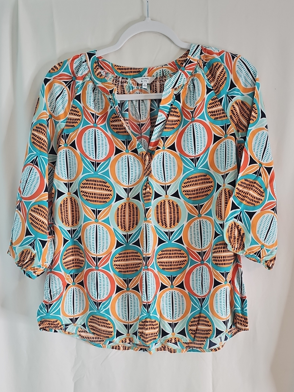 Crown Geometric Print Blouse in Teal, Orange & Cream